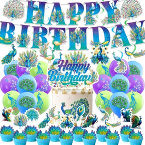 Colorful Party Decorations - Peacock Birthday Supplies Includes Banner, Cake Topper, Cupcake Toppers, Balloons for Zoo Bird Theme Party