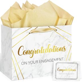 Yomaiha Engagement Gift Bag White Gold Engagement Gift Wrapping Paper Bag with Tissue Paper and Greeting Card Congratulations on Your Engagement Gift Bag for Couple Engagement Christmas Party Favor