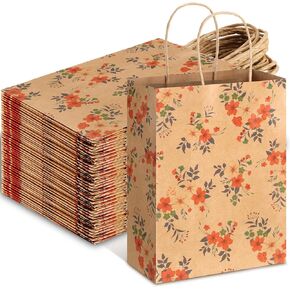 TaoBary 24 Pieces Spring Gift Bags Bulk Kraft Paper Floral Gift Bags with Handle Flower Treat Goodie Bags for Spring Mother's Day Party Favor Supplies