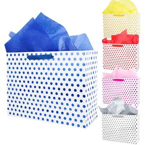 Moretoes 5 Pack Large Gift Bags With Tissue Paper 16" Foil Dot Paper Gift Bags for Valentine's Day, Birthday, Wedding, Holiday (Gold, Rose Gold, Blue, Red, Grey Metallic Dots)
