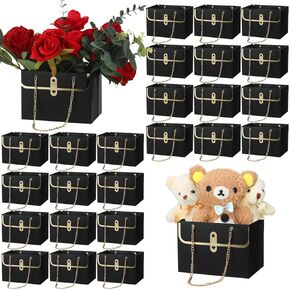Lincia 24 Pcs Paper Flower Bags for Bouquets Valentine‘s Day Flower Bouquets Boxes with Handle Chain Bags Rectangle Wrap Boxes for Valentine Wedding Lover Gift Decoration(Pink)