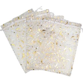 SUNGULF 100Pcs 6x9 Inches Sheer Organza Drawstring Pouches Stars And Moon Wedding Party Favor Jewelry Candy Gift Bags (Black)