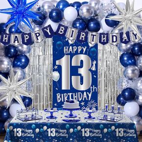 13th Birthday Decorations for Boys Girls, Blue Happy 13th Birthday Decoration Boy 13 Year Old Party Decorations Door Banner, Tablecloth Foil Backdrop Star Balloons 13th Bady Decor for Teenage Boys