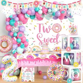 134 PCs Two Sweet Party Decorations - Fiesec Donut Second Birthday Party Decorations, Includes Latex & Foil Balloons, Backdrop, Banner, Cake & Cupcake Toppers, Tableware & More