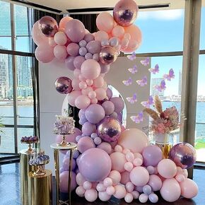 Baby Shower Decorations for Girl 135 Pcs Pink Purple Balloon Arch Kit Metallic Lavender Balloon Garland Double Stuffed Balloons Butterfly Stickers for Fairy First Birthday Decorations