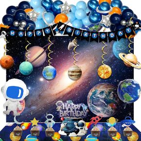 Space Birthday Party Decorations, Outer Space Galaxy Birthday Decorations Backdrop Balloon Garland Hanging Swirl Banner Tablecloth Cake Topper Solar System Planet Astronaut Rocket Blue