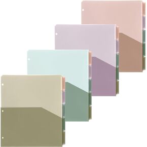 Janlaugh 4 Sets 5 Tab Plastic Binder Dividers Plastic Index with Pockets for 3 Ring Binders 9 3/4 x 11 1/2 Inches 3 Hole Punched Page Dividers Sturdy Colorful Dividers for Office