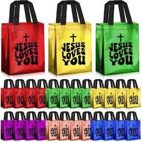 Sweetude 24 Pcs Christian Gift Bags Bulk Jesus Loves You Gift Bags with Handles Non Woven Easter Religious Tote Medium Size for Church Visitors Party Favor