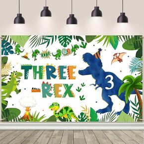 Dinosaur Three-rex Birthday Backdrop for Boy Happy 3rd Birthday Photography Background Greenery Jungle 3 Years Old Party Decorations Banner Supplies Photo Shoot Props 70.8 x 43.3 inch
