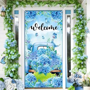 Welcome Door Cover Banner Decoration Spring Welcome Flower Door Banner Sign Blue Hydrangeas Floral Door Covers for Front Door Butterfly Banner Backdrop Porch Sign for Indoor Outdoor Supplies
