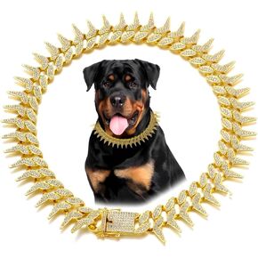 Gold Silver Side Spiked Style Dog Chain Collar Necklace, Bling Diamond Cuban Link, Glitter Rhinestone, for Small Medium Large Pet Dogs (Gold, 8 Inch)