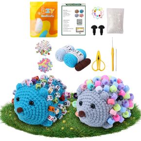 Crochet Kit for Beginners - 2 PCS Fidget Hedgehog with Beads Knitting Kit, Adult Beginner Crochet Kit, Beginner Crochet kit for Kids with Step-by-Step Video Tutorial(Light Brown + Pink)