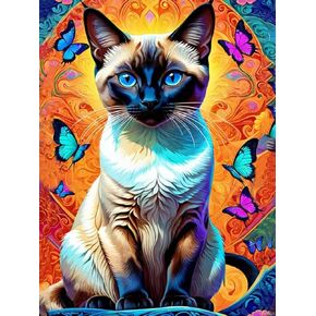 Siamese Cat DIY Diamond Painting Kits, Colorful Cat Full Drill Round Diamond Dots Paintings for Beginners 5D DIY Diamonds Pictures Gem Art Painting Set 12x16 inch