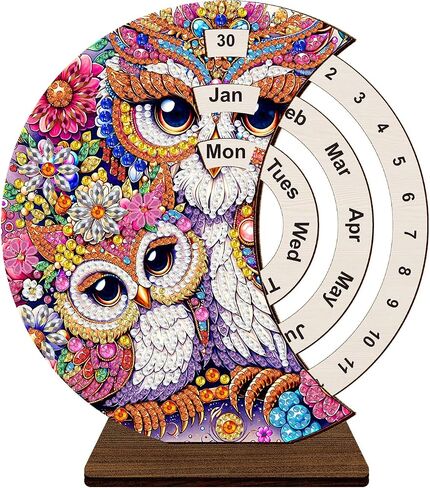 5D Diamond Painting Decorations Ornaments - Owl Calendar Decorated Desktop Diamond Painting with Gem Bird Calendar Decorated Desktop Diamond Painting Crafts Kit for Room Decor (19X18 CM) in Saudi Arabia