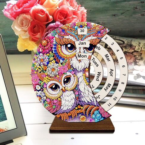 5D Diamond Painting Decorations Ornaments - Owl Calendar Decorated Desktop Diamond Painting with Gem Bird Calendar Decorated Desktop Diamond Painting Crafts Kit for Room Decor (19X18 CM) in Saudi Arabia