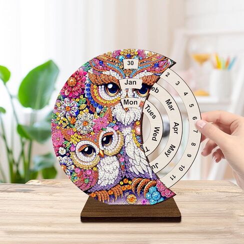 5D Diamond Painting Decorations Ornaments - Owl Calendar Decorated Desktop Diamond Painting with Gem Bird Calendar Decorated Desktop Diamond Painting Crafts Kit for Room Decor (19X18 CM) in Saudi Arabia
