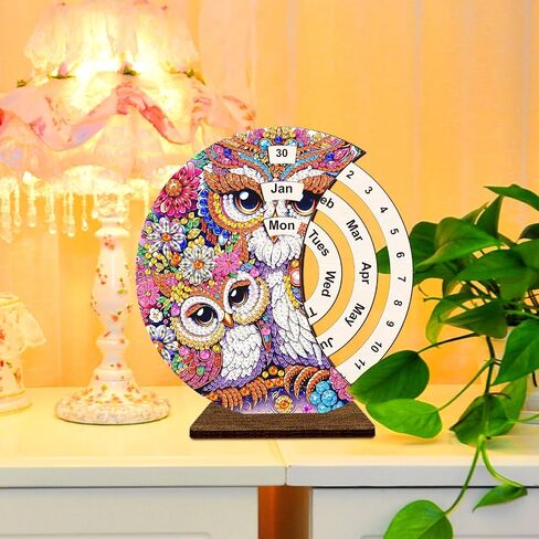 5D Diamond Painting Decorations Ornaments - Owl Calendar Decorated Desktop Diamond Painting with Gem Bird Calendar Decorated Desktop Diamond Painting Crafts Kit for Room Decor (19X18 CM) in Saudi Arabia
