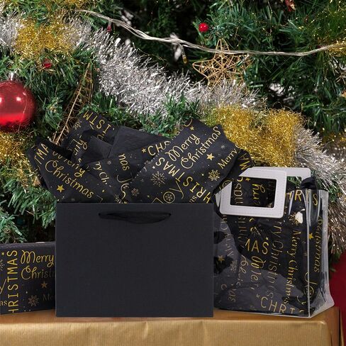 MR FIVE 60 Sheets Black with Gold Merry Christmas Tissue Paper Bulk,14" x 20",Black GoldChristmas Tissue Paper for Gift Bags,Black Merry Christmas Tissue Paper for Christmas Party (Black with Gold) in Saudi Arabia