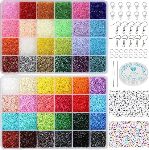 KERGAEN 48000pcs 2mm Seed Beads & Alphabet Beads Kit - 12/0 Ultra-Fine Jewelry Making Supplies with Elastic String, Earring Hooks, Clasps - Complete DIY Craft Set for Bracelets, Necklaces in Kuwait