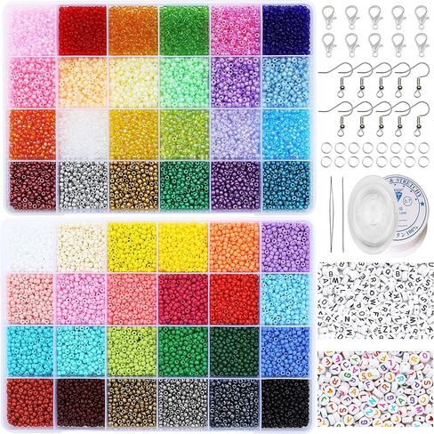 KERGAEN 48000pcs 2mm Seed Beads & Alphabet Beads Kit - 12/0 Ultra-Fine Jewelry Making Supplies with Elastic String, Earring Hooks, Clasps - Complete DIY Craft Set for Bracelets, Necklaces in Kuwait
