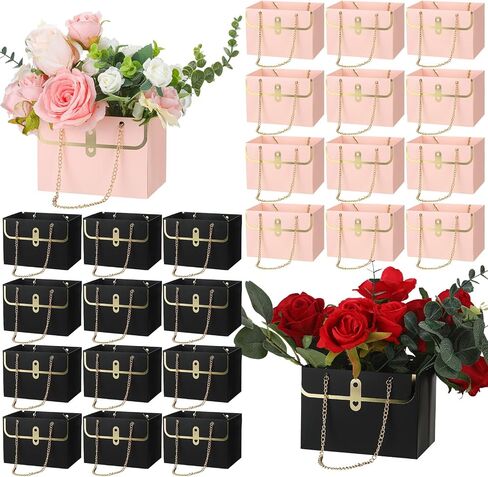 Lincia 24 Pcs Paper Flower Bags for Bouquets Valentine‘s Day Flower Bouquets Boxes with Handle Chain Bags Rectangle Wrap Boxes for Valentine Wedding Lover Gift Decoration(Pink) in Saudi Arabia