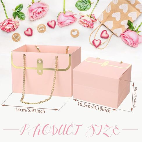 Lincia 24 Pcs Paper Flower Bags for Bouquets Valentine‘s Day Flower Bouquets Boxes with Handle Chain Bags Rectangle Wrap Boxes for Valentine Wedding Lover Gift Decoration(Pink) in Saudi Arabia