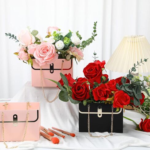 Lincia 24 Pcs Paper Flower Bags for Bouquets Valentine‘s Day Flower Bouquets Boxes with Handle Chain Bags Rectangle Wrap Boxes for Valentine Wedding Lover Gift Decoration(Pink) in Saudi Arabia