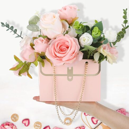 Lincia 24 Pcs Paper Flower Bags for Bouquets Valentine‘s Day Flower Bouquets Boxes with Handle Chain Bags Rectangle Wrap Boxes for Valentine Wedding Lover Gift Decoration(Pink) in Saudi Arabia