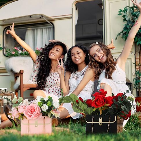 Lincia 24 Pcs Paper Flower Bags for Bouquets Valentine‘s Day Flower Bouquets Boxes with Handle Chain Bags Rectangle Wrap Boxes for Valentine Wedding Lover Gift Decoration(Pink) in Saudi Arabia