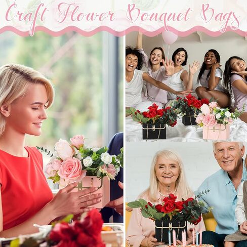 Lincia 24 Pcs Paper Flower Bags for Bouquets Valentine‘s Day Flower Bouquets Boxes with Handle Chain Bags Rectangle Wrap Boxes for Valentine Wedding Lover Gift Decoration(Pink) in Saudi Arabia