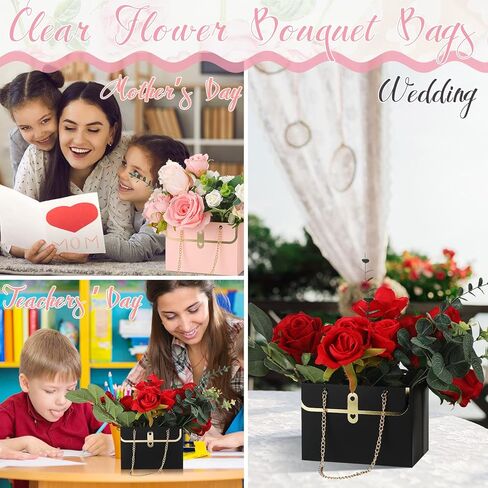 Lincia 24 Pcs Paper Flower Bags for Bouquets Valentine‘s Day Flower Bouquets Boxes with Handle Chain Bags Rectangle Wrap Boxes for Valentine Wedding Lover Gift Decoration(Pink) in Saudi Arabia