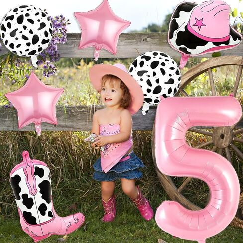 7 PCS Cowgirl Balloons Party Decorations, Cow Print Balloons Cowgirl Hat Boot Balloon Pink Number 5 Balloon for Girls Western Cowgirl Theme Party Decorations in Saudi Arabia