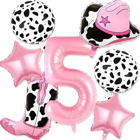 7 PCS Cowgirl Balloons Party Decorations, Cow Print Balloons Cowgirl Hat Boot Balloon Pink Number 5 Balloon for Girls Western Cowgirl Theme Party Decorations in Saudi Arabia