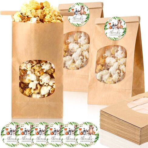 24 Sets Bear Baby Shower Popcorn Bags Thanks for Popping by Tags Popcorn Bags with Window with Round Stickers Baby Shower Party Favors for Wrapping Food Storage in Kuwait