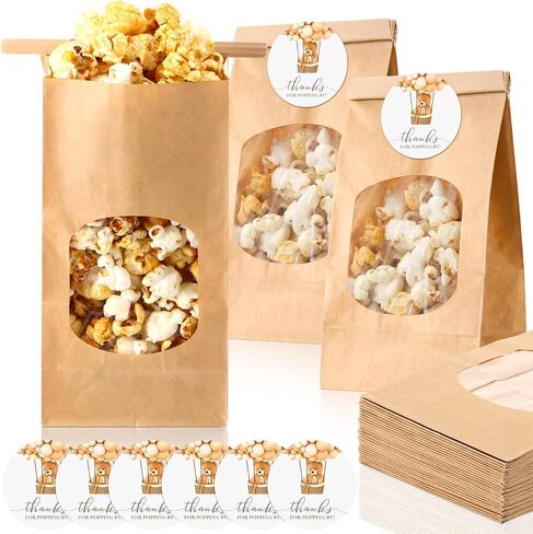 24 Sets Bear Baby Shower Popcorn Bags Thanks for Popping by Tags Popcorn Bags with Window with Round Stickers Baby Shower Party Favors for Wrapping Food Storage in Kuwait