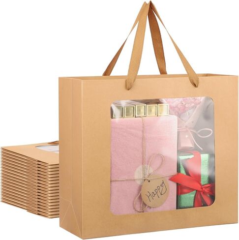 EUSOAR Gift Bags with Transparent Window, 20pcs 12.5"x4.5"x11" Kraft Brown Clear Paper Gift Bags with Handles, Bouquet Tote Gift Shopping Bags Bulk for Wrapping Wedding Festival Bridal Party in Saudi Arabia
