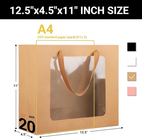 EUSOAR Gift Bags with Transparent Window, 20pcs 12.5"x4.5"x11" Kraft Brown Clear Paper Gift Bags with Handles, Bouquet Tote Gift Shopping Bags Bulk for Wrapping Wedding Festival Bridal Party in Saudi Arabia