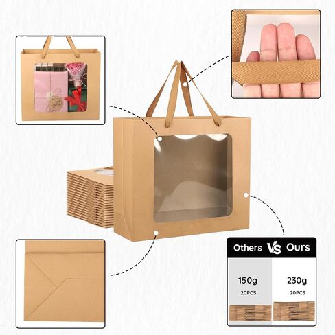 EUSOAR Gift Bags with Transparent Window, 20pcs 12.5"x4.5"x11" Kraft Brown Clear Paper Gift Bags with Handles, Bouquet Tote Gift Shopping Bags Bulk for Wrapping Wedding Festival Bridal Party in Saudi Arabia