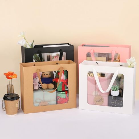 EUSOAR Gift Bags with Transparent Window, 20pcs 12.5"x4.5"x11" Kraft Brown Clear Paper Gift Bags with Handles, Bouquet Tote Gift Shopping Bags Bulk for Wrapping Wedding Festival Bridal Party in Kuwait