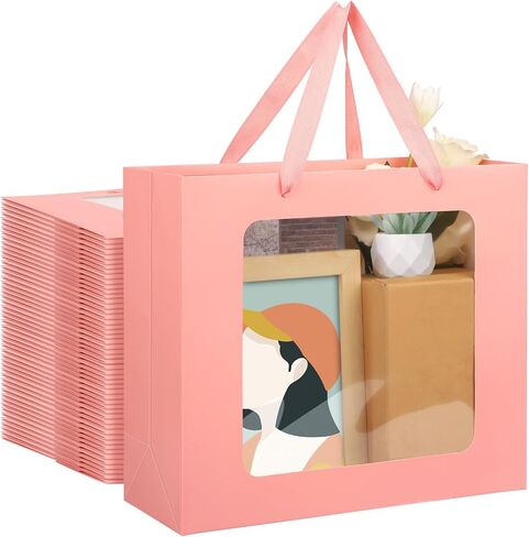 EUSOAR Gift Bags with Transparent Window, 20pcs 12.5"x4.5"x11" Kraft Brown Clear Paper Gift Bags with Handles, Bouquet Tote Gift Shopping Bags Bulk for Wrapping Wedding Festival Bridal Party in Saudi Arabia