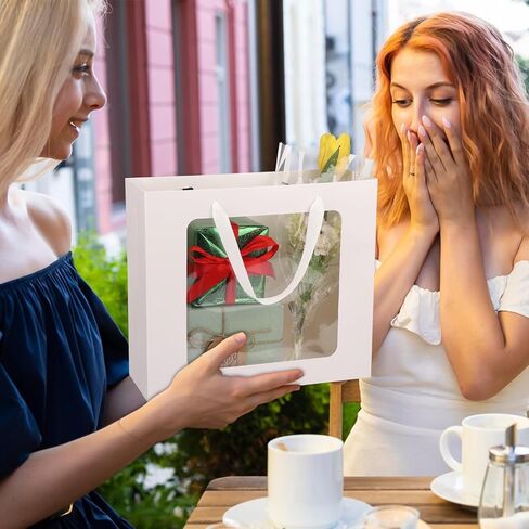 EUSOAR Gift Bags with Transparent Window, 20pcs 12.5"x4.5"x11" Kraft Brown Clear Paper Gift Bags with Handles, Bouquet Tote Gift Shopping Bags Bulk for Wrapping Wedding Festival Bridal Party in Kuwait