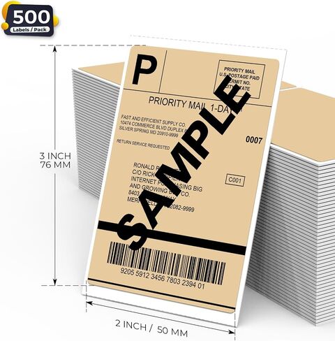 Khaki Thermal Labels 2 × 3 Inch Vinyl Self-Adhesive Fanfold Shipping Stickers Direct Waterproof Perforated Printer Decal for Businesses Warehouse Barcode 500 PCS in Saudi Arabia