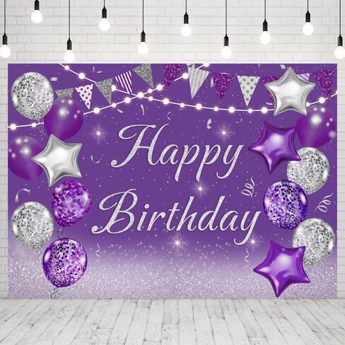 INRUI Purple Happy Birthday Party Photography Background Silver Glitter Balloons Girls Women Sweet Princess Bday Event Favors Supplies Decoration Backdrop 7x5FT in Kuwait