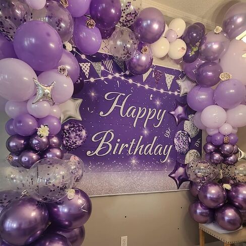 INRUI Purple Happy Birthday Party Photography Background Silver Glitter Balloons Girls Women Sweet Princess Bday Event Favors Supplies Decoration Backdrop 7x5FT in Kuwait