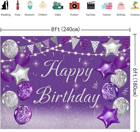 INRUI Purple Happy Birthday Party Photography Background Silver Glitter Balloons Girls Women Sweet Princess Bday Event Favors Supplies Decoration Backdrop 7x5FT in Kuwait