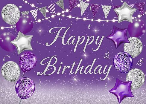 INRUI Purple Happy Birthday Party Photography Background Silver Glitter Balloons Girls Women Sweet Princess Bday Event Favors Supplies Decoration Backdrop 7x5FT in Kuwait