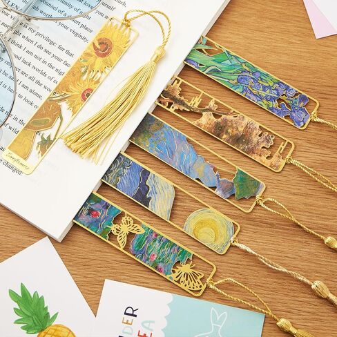 Metal Bookmarks with Tassel Golden Hollow Bookmark Van Gogh Oil Painting Theme Book Mark Bookmarks for Book Lovers Writers Readers Men Women,6 Pieces,Style3 in Saudi Arabia