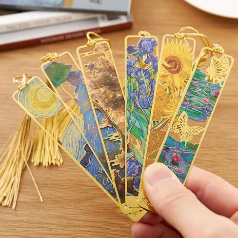 Metal Bookmarks with Tassel Golden Hollow Bookmark Van Gogh Oil Painting Theme Book Mark Bookmarks for Book Lovers Writers Readers Men Women,6 Pieces,Style3 in Saudi Arabia
