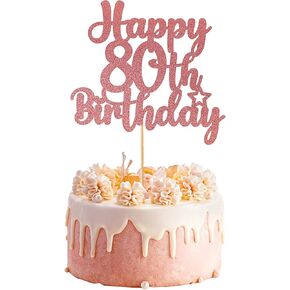 Happy 80th Birthday Cake Topper, 1 Pcs Glitter Rose Gold Happy Birthday Cake Topper 80 Years Old Birthday Cake Pick for 80th Birthday Decorations Celebrating Anniversary Party Supplies