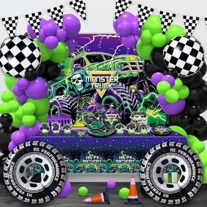 182Pcs Monster Truck Birthday Decorations，Monster Truck Balloon arch，Monster Truck Party decorations，Include Balloon arch,Banner，Backdrop, Cake Toppers，Tableware, Tablecloth
